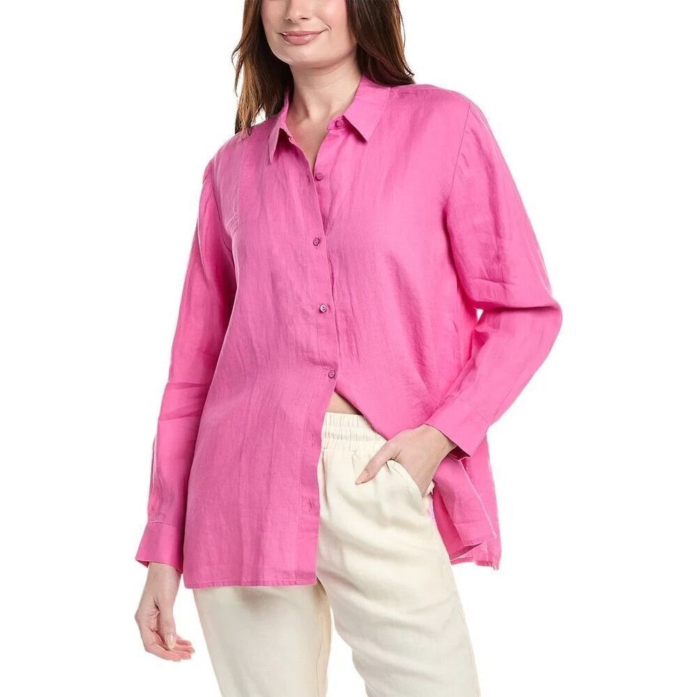 Eileen Fisher Organic Linen  Blouse Long Sleeve Tunic Shirt Large Geranium